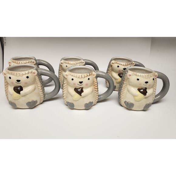 3D Porcupine 6 Coffee Mugs 16 oz /Tea Cup Hand Painted Gray Beige Stoneware New - Picture 3 of 11